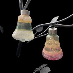 2 Vintage Christmas Ornaments WWII Unsilvered Bells Striped Pink Green
